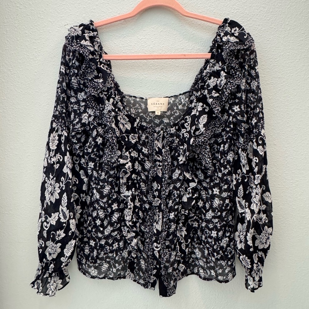 Sezane Black Blouse with Square Neckline and 3/4 Sleeves